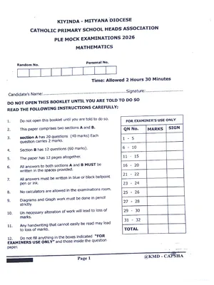 Kiyinda Mityana Diocese PLE Mocks 2026 Mathematics Paper