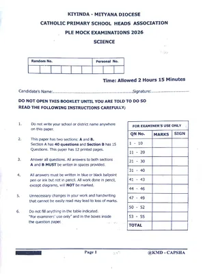 Kiyinda Mityana Diocese PLE Mocks 2026 Science Paper