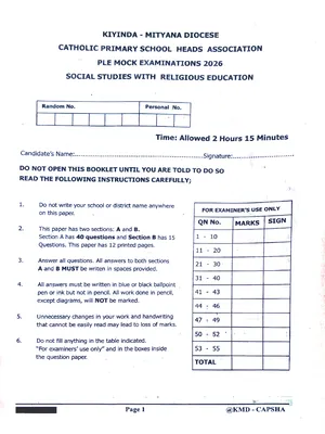 Kiyinda Mityana Diocese PLE Mocks 2026 Social Studies Paper