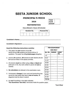Seeta Junior School Principal's Mock 2026 Mathematics Paper