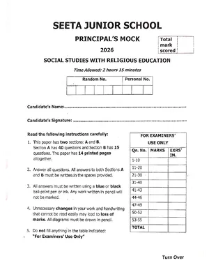 Seeta Junior School Principal's Mock 2026 Social Studies Paper