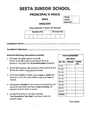 Seeta Junior School Principal's Mock 2026 English Paper