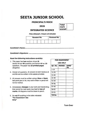 Seeta Junior School Principal's Mock 2026 Science Paper