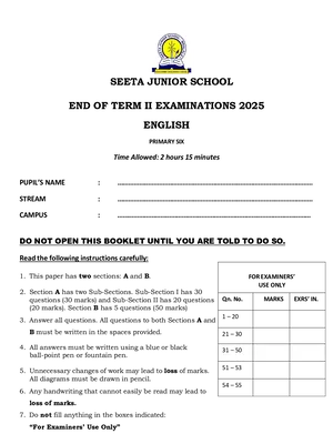 Seeta Junior School p.6 English End of Term Two 2026