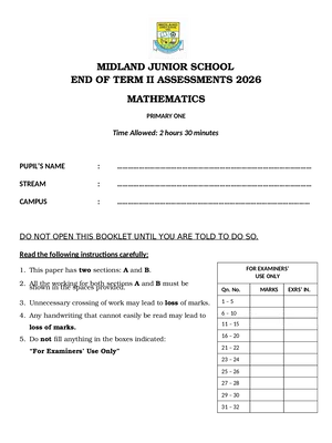 Midland Junior School P1 End of Term 2 Maths Exam