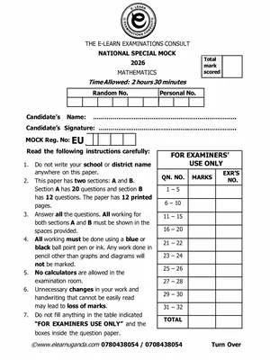 E Learn National Special Mock 2026 Mathematics Paper
