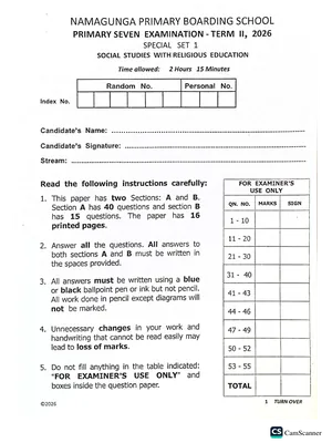 Namagunga Boarding Ps Pre PLE 2026 Set 1 Social Studies with RE Paper