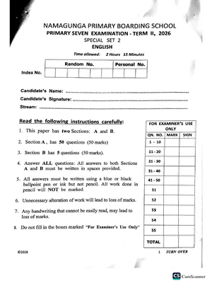 Namagunga Boarding Ps Pre PLE 2026 Set 2 English Paper
