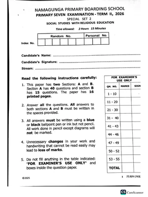 Namagunga Boarding Ps Pre PLE 2026 Set 2 Social Studies with RE Paper