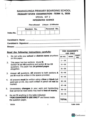 namagunga boarding ps pre ple 2026 set 2 all science, sst, english and mathematics