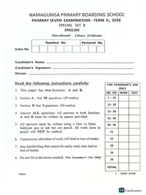 Namagunga Boarding Ps Pre PLE 2026 Set 3 English Paper
