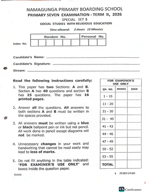 namagunga boarding ps pre ple 2026 set 5 social studies with re paper