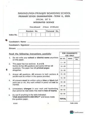 namagunga boarding ps pre ple 2026 set 5 science paper