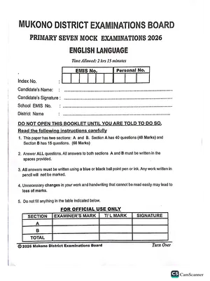 Mukono District Mocks 2026 English Language Paper