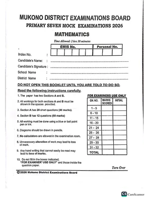 Mukono District Mocks 2026 Mathematics Paper