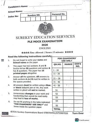 Sure Key Mocks 2026 English Paper and Marking Guide with Answers