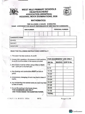 West Nile Regional Mocks 2026 Mathematics Paper