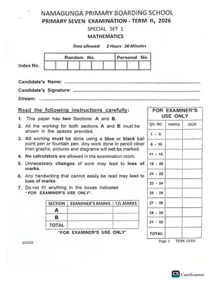 Namagunga Boarding School Pre PLE 2026 Set 1 Mathematics Paper