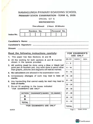 namagunga boarding school pre ple 2026 set 5 mathematics paper