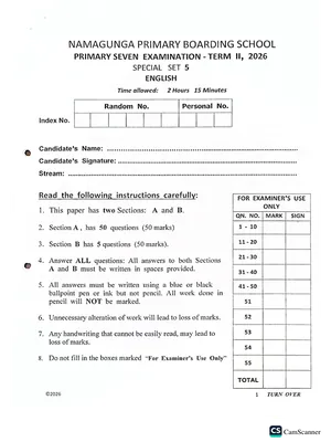 Namagunga Boarding School Pre PLE 2026 Set 5 English Paper