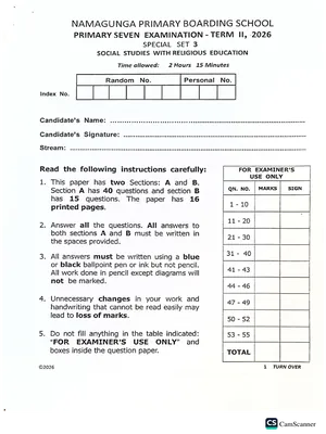 Namagunga Boarding School Pre PLE 2026 Set 3 Social Studies Paper