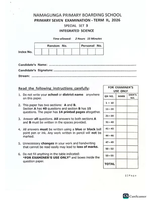 Namagunga Boarding School Pre PLE 2026 Set 3 Science Paper