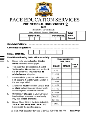 pace pre ple mock 2026 cbc set 2 science paper
