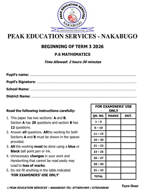 P6 Beginning of Term 3 2026 Mathematics Paper Peak Exams