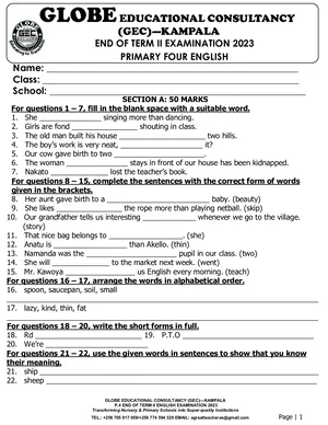 Globe Educ. K'la p.4 All Subjects End of Term Ii Exams 2023 23rd June