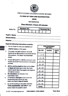 E Learn p.5 Mathematics End of Term One Exam