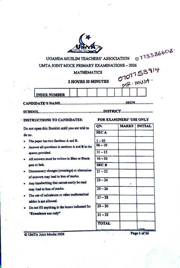 Umta Mocks 2026 Mathematics Marking Guide