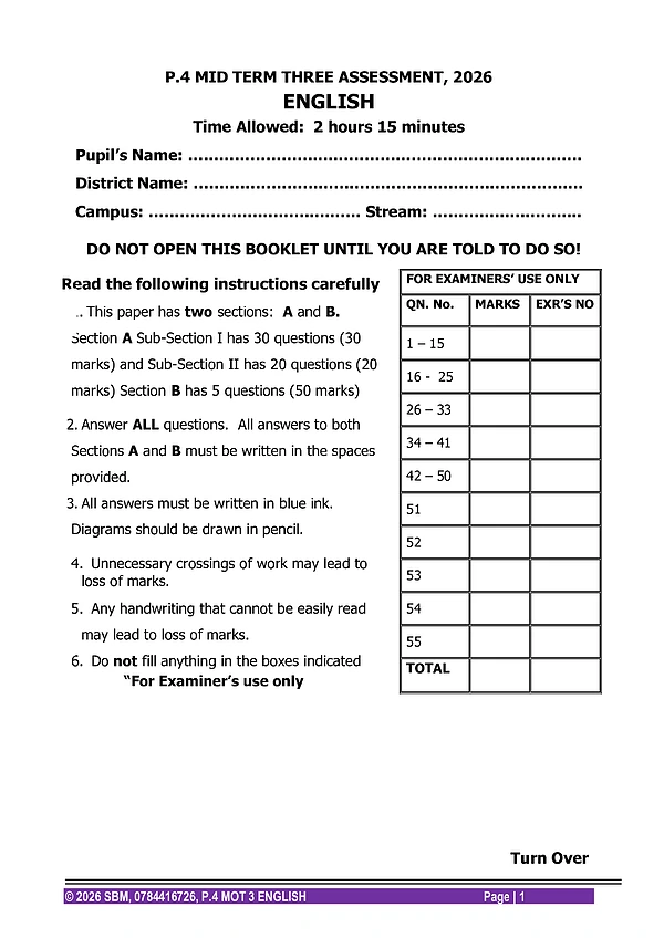 P.4 Mid Term 3 2026 English Paper - Sbm