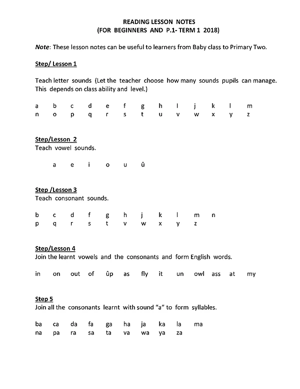 Reading Lesson Notes for Beginners and P 1 Term 1