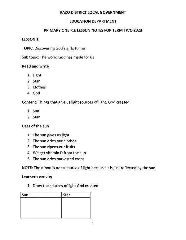 Edited Primary One R.e Lesson Notes for Term 2