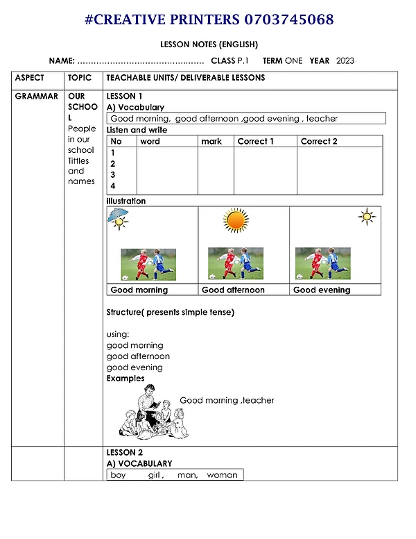 Primary One English Notes Term I-Iii