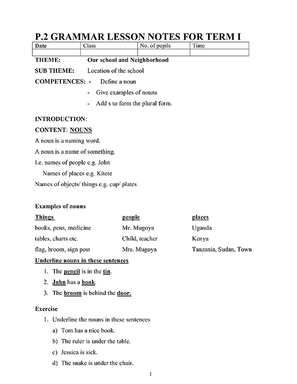 P.2 Grammar, Composition & Comprehension Term I