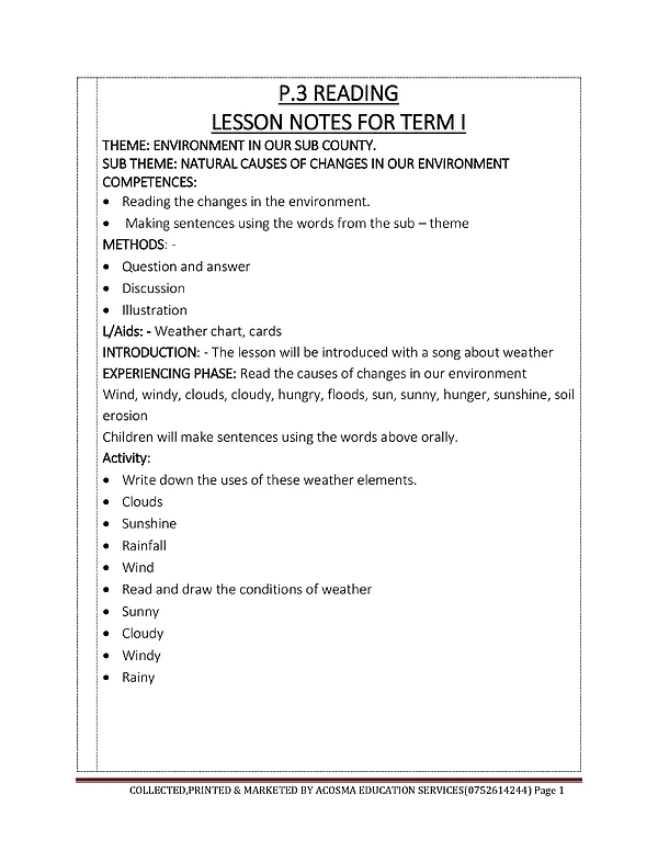 P3 Reading Lesson Notes for Term I