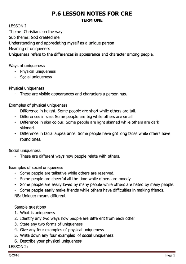 P 6 Christian Religious Education Notes & Schemes