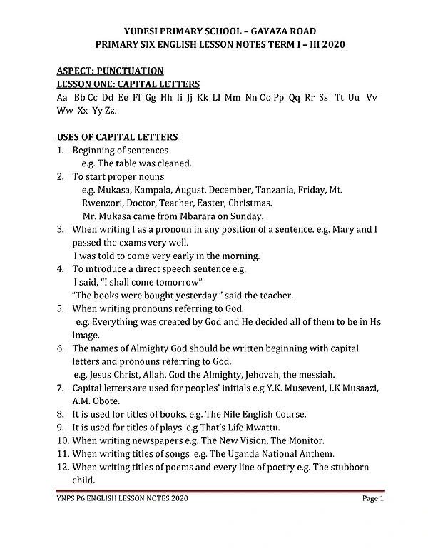p.6 english lesson notes term one - fresh teacher library