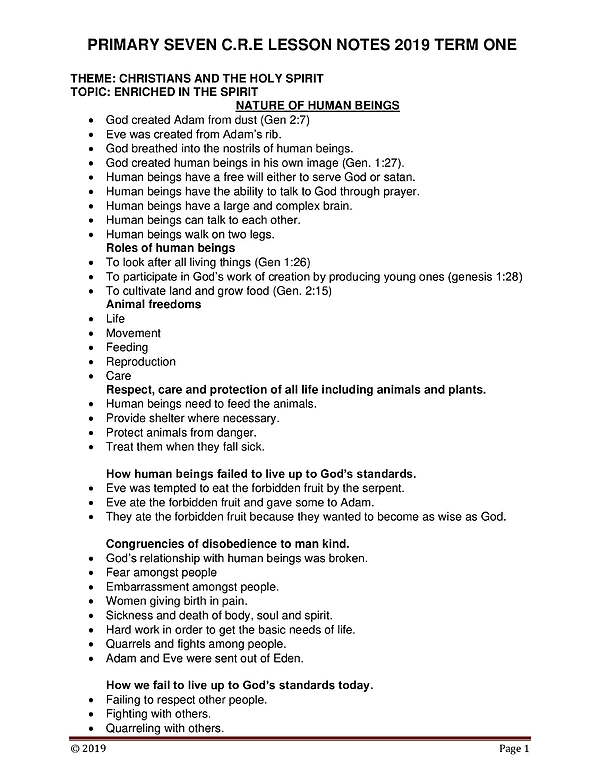Christian Religious Education Lesson Notes P 7