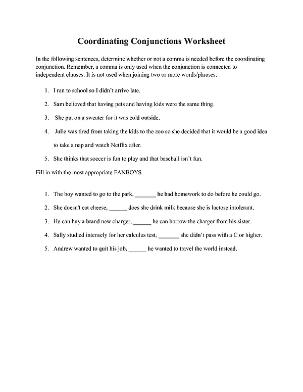 Coordinating Conjunctions Worksheet and Key