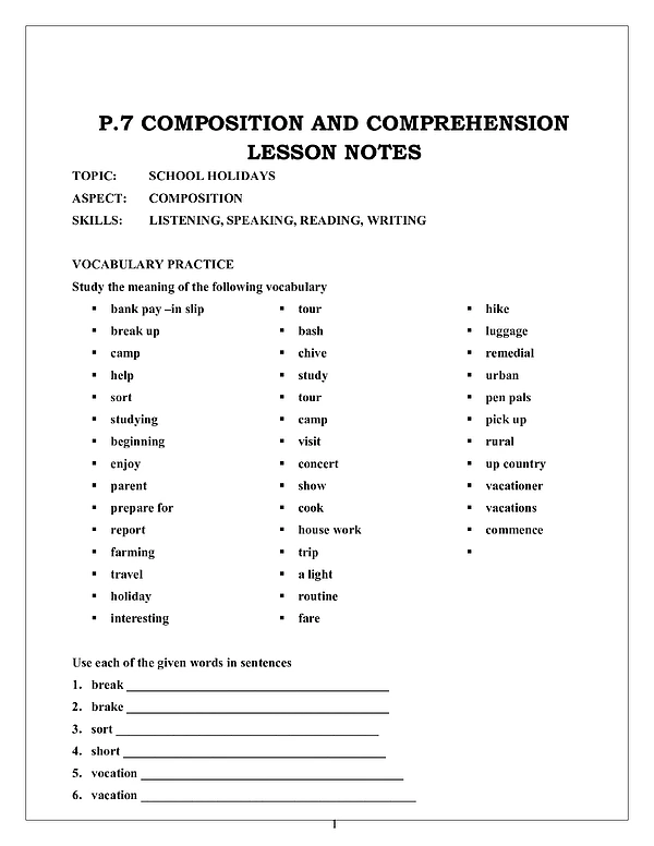 P.7 Composition and Comprehension Lesson Notes Term 1