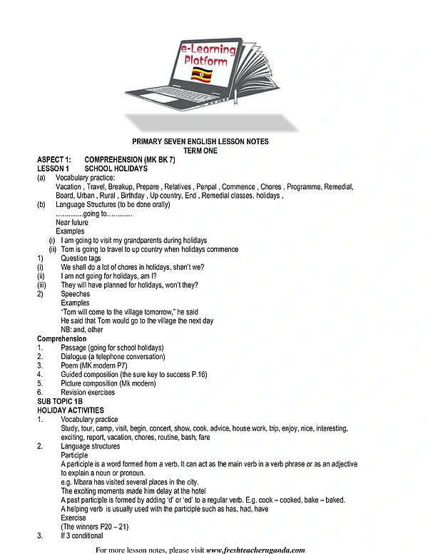 P.7 English Comp Lesson Notes Term One