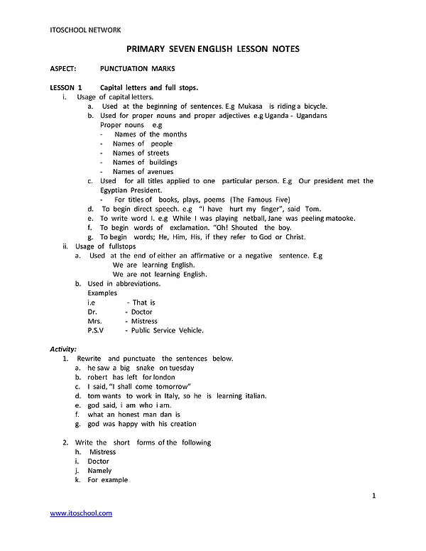 P7 English Lesson Notes