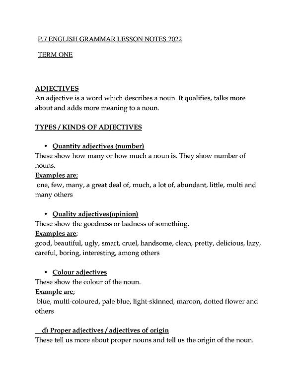p7 english grammar lesson notes