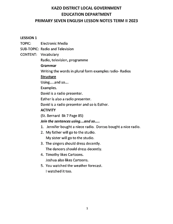 Primary Seven English Lesson Notes Term Ii