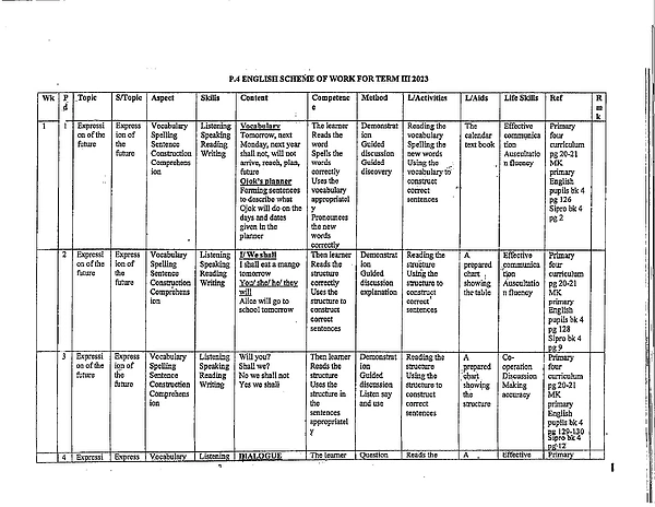 primary four scheme work english term 3