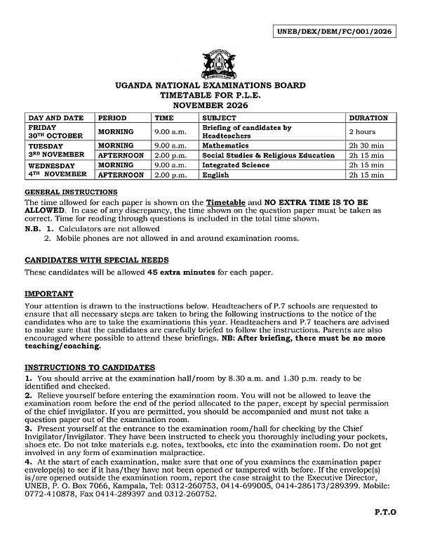 uneb ple time table 2026