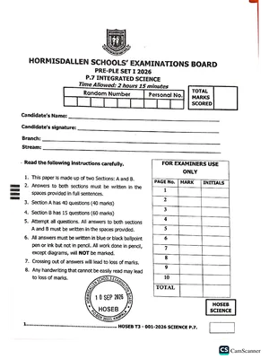 hormisdallen pre ple 2026 set 1 science paper