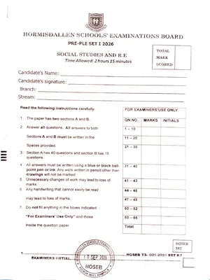 hormisdallen pre ple 2026 set 1 social studies paper